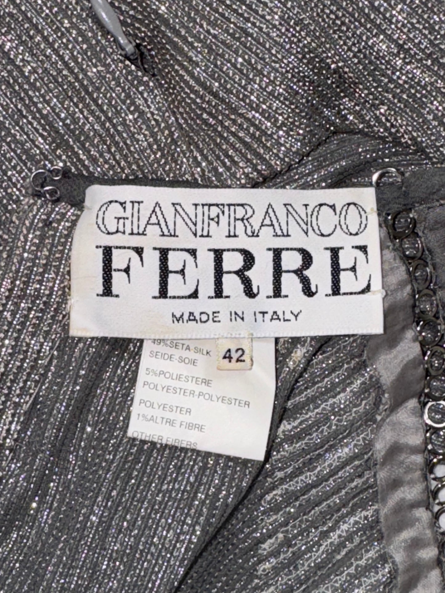 S/S 1997 Gianfranco Ferre 1920's Flapper Style Silver Crystal Beaded Column Maxi Dress