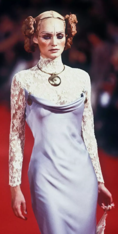 S/S 1997 Givenchy by John Galliano Sheer Black Lace Goth High Neck Mini Dress