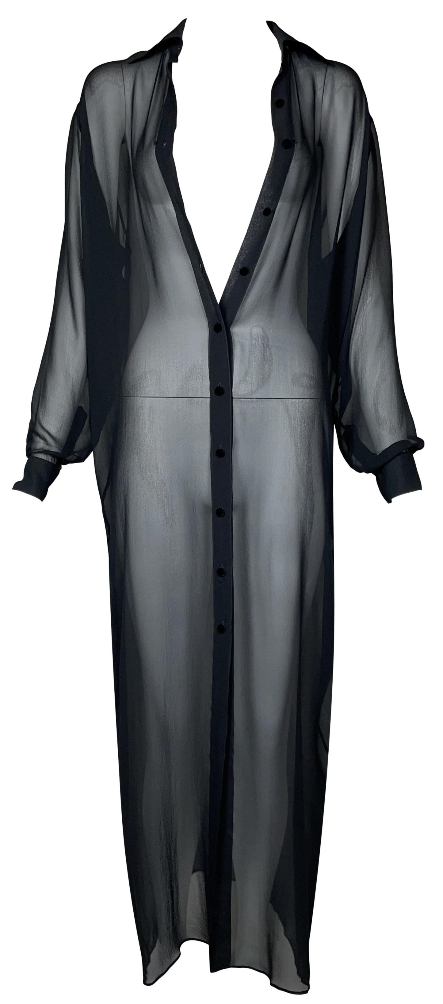 S/S 1997 Givenchy Couture by John Galliano Runway Sheer Black Silk Maxi Shirt Dress