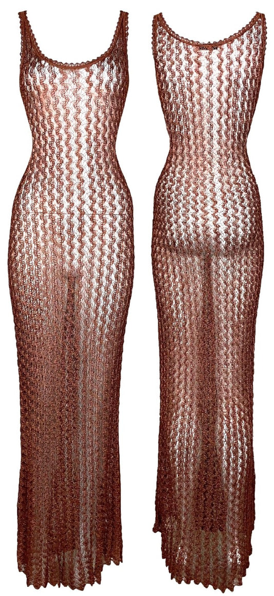 S/S 1997 Karl Lagerfeld Runway Sheer Bronze Knit Maxi Dress