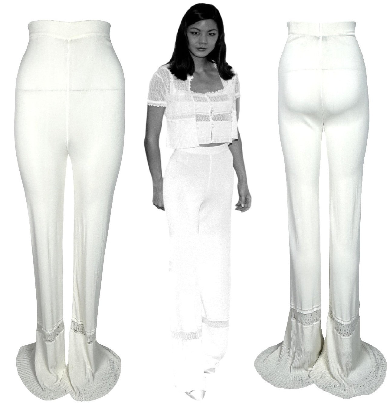 Resort 1998 Christian Dior x John Galliano Runway Sheer Ivory Knit Pin-Up High Waist Bodycon Flared Extra Long Legging Pants