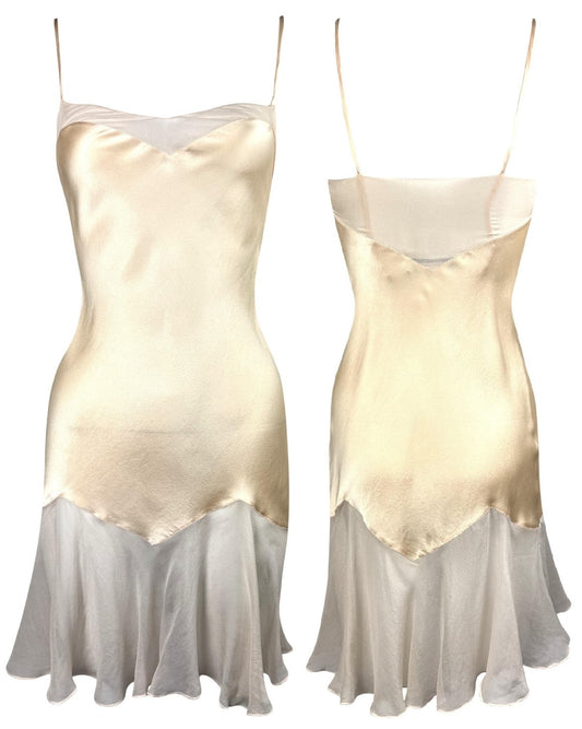 S/S 1998 Christian Dior by John Galliano Cream Silk Satin Ruffle Hem Babydoll Mini Dress