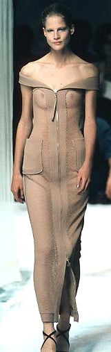 S/S 1998 Gianfranco Ferre Sheer Brown Fishnet Off Shoulder Wiggle Maxi Dress