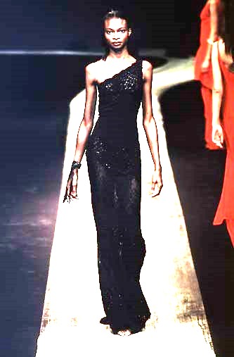 Vintage S/S 1998 Valentino Runway Sheer Black Lace Eyelet One Shoulder Gown Dress