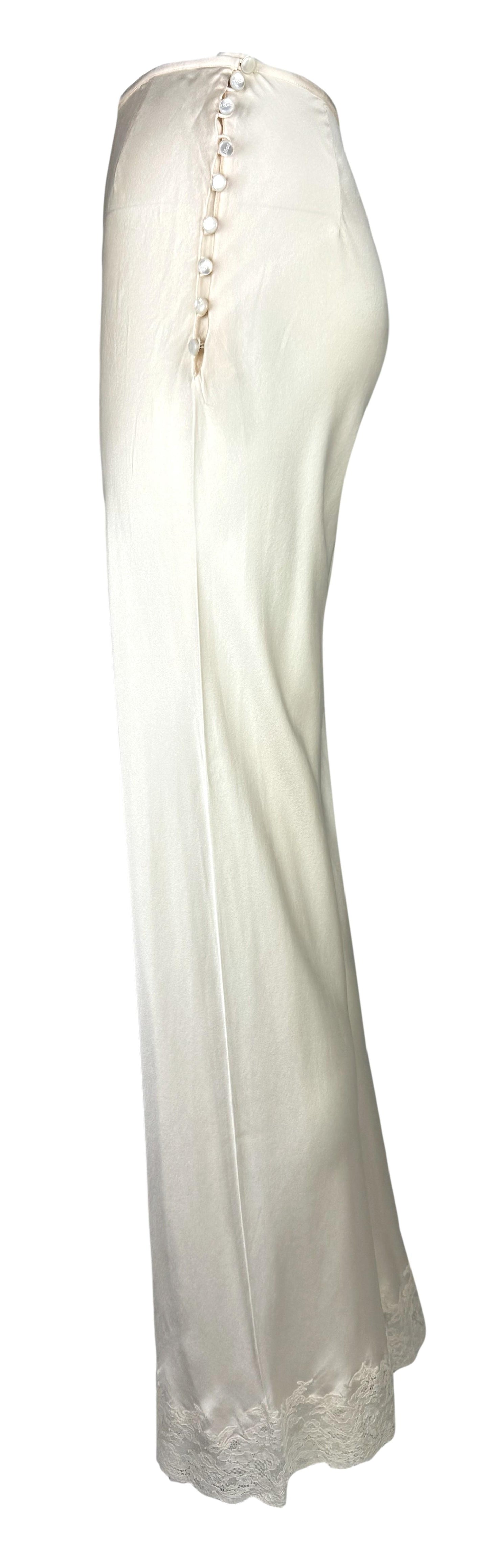 Vintage 1998 Christian Dior by John Galliano Ivory Silk Logo Monogram Button Down Shirt & Lace Flared Pants Set
