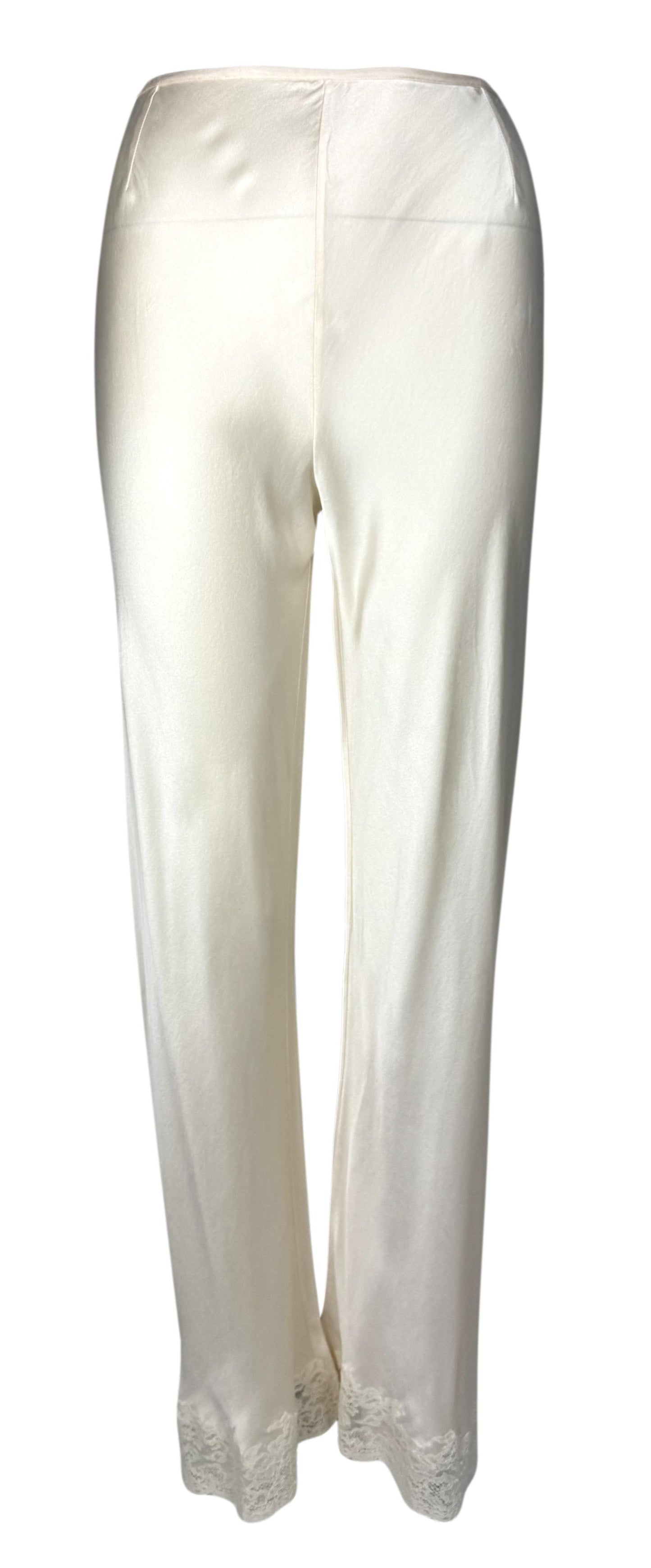 Vintage 1998 Christian Dior by John Galliano Ivory Silk Logo Monogram Button Down Shirt & Lace Flared Pants Set