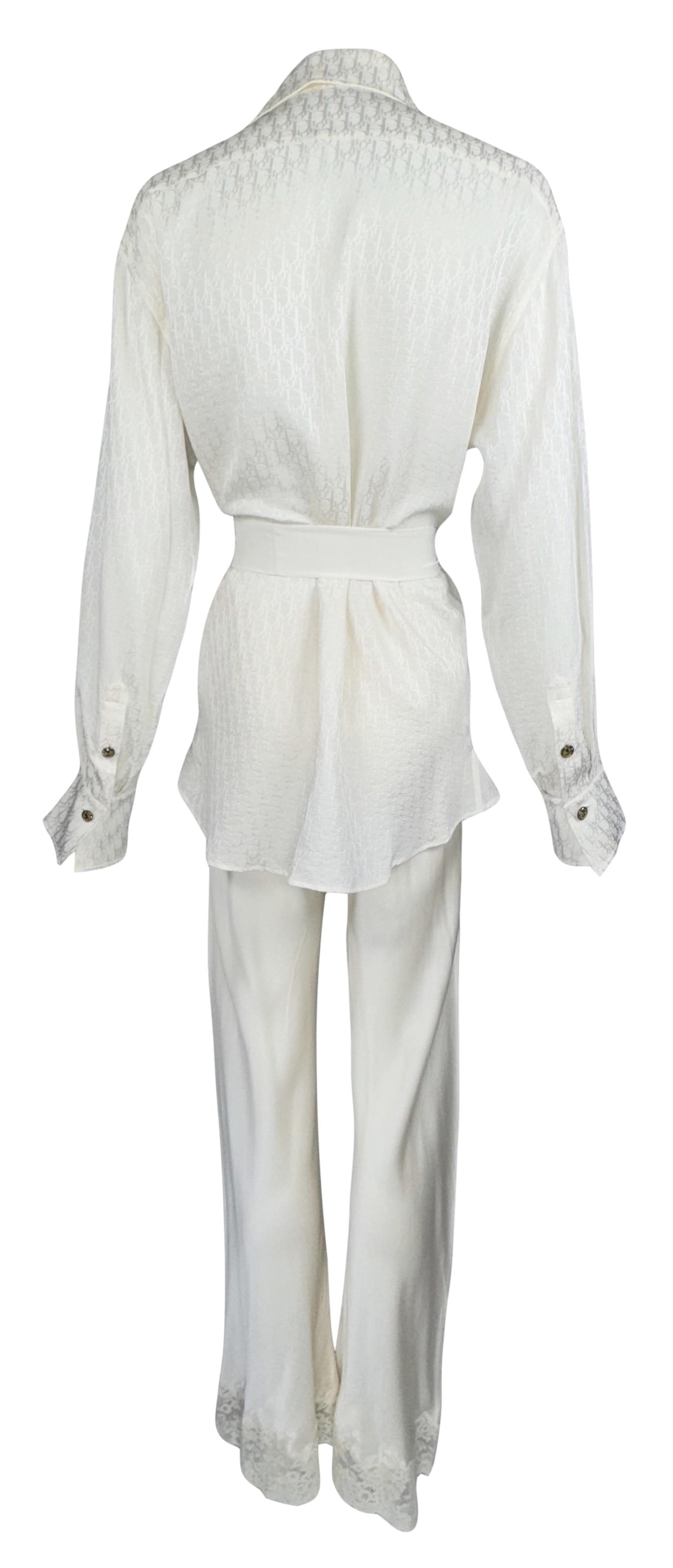 Vintage 1998 Christian Dior by John Galliano Ivory Silk Logo Monogram Button Down Shirt & Lace Flared Pants Set