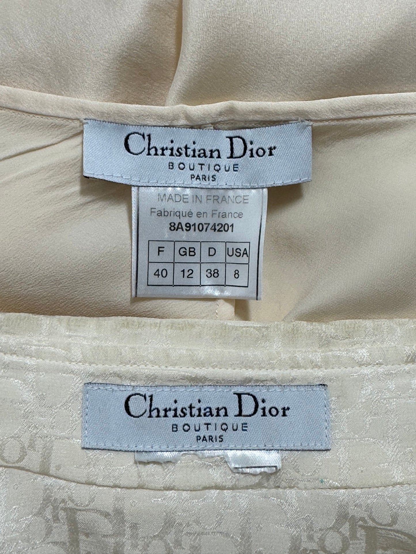 Vintage 1998 Christian Dior by John Galliano Ivory Silk Logo Monogram Button Down Shirt & Lace Flared Pants Set
