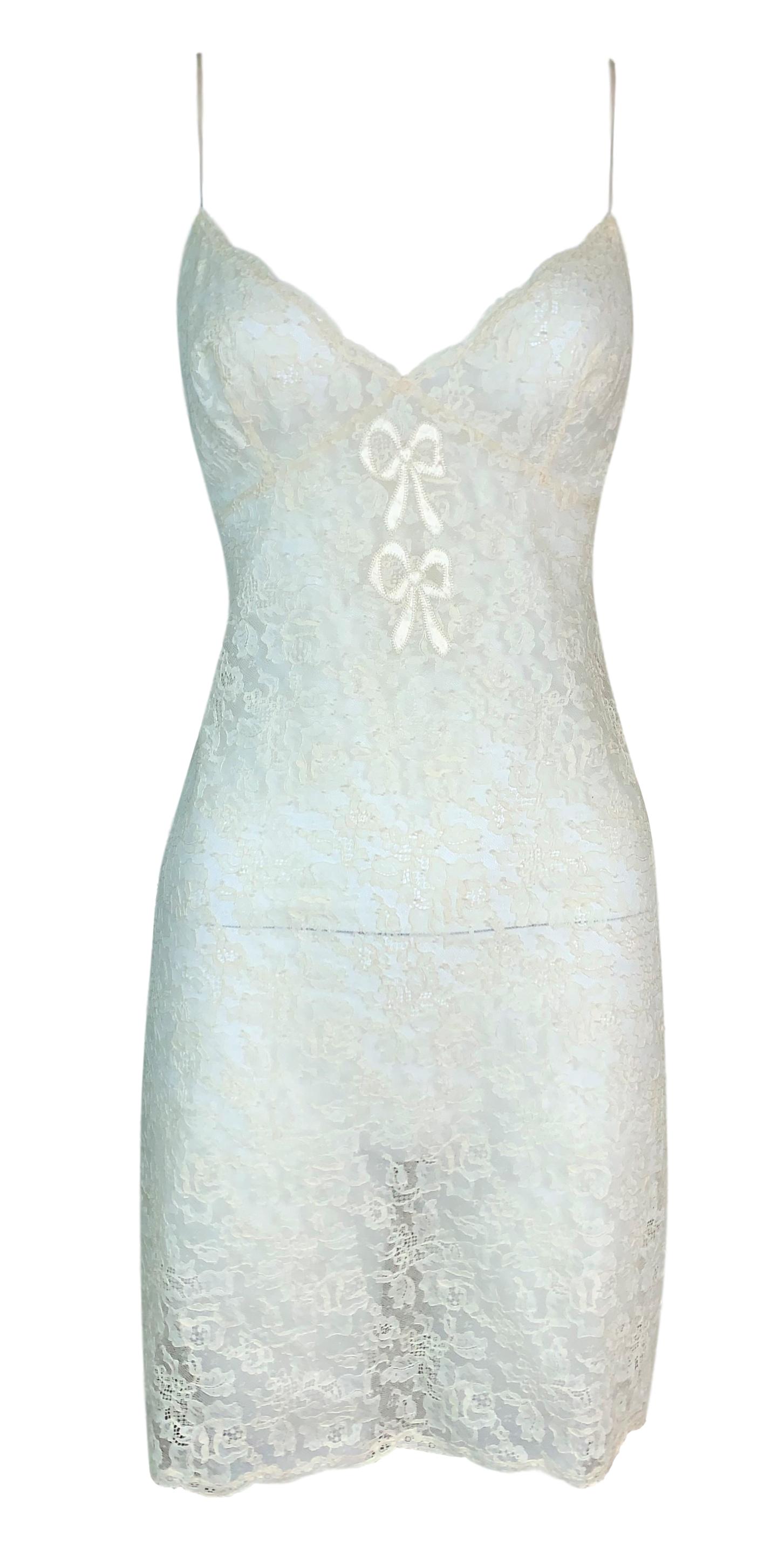 NWT F/W 1998 Christian Dior by John Galliano Sheer Ivory Chantilly Lace Bow Babydoll Mini Dress