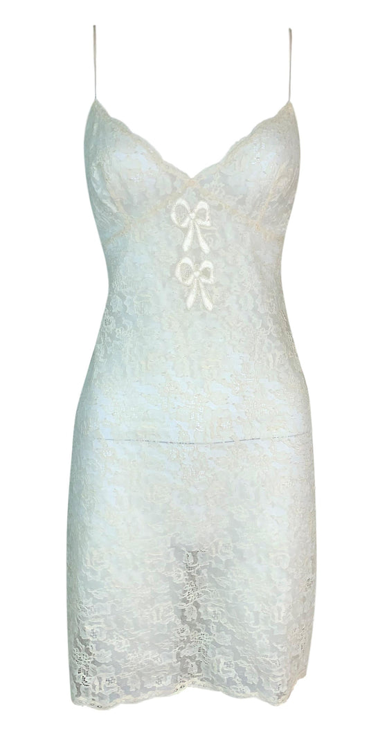 NWT F/W 1998 Christian Dior by John Galliano Sheer Ivory Chantilly Lace Bow Babydoll Mini Dress
