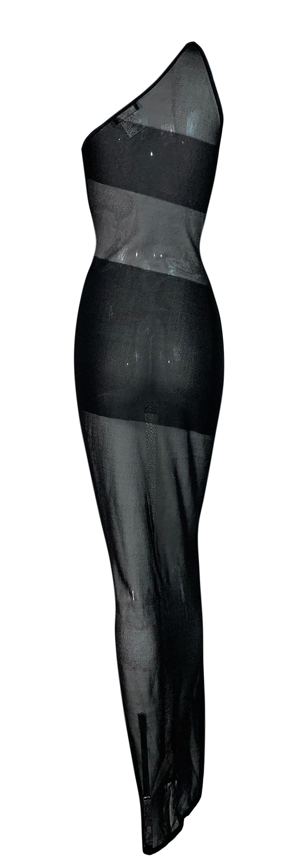 1998 Resort Christian Dior by John Galliano Runway Sheer Black Striped Mesh One Shoulder Bodycon Wiggle Maxi Dress