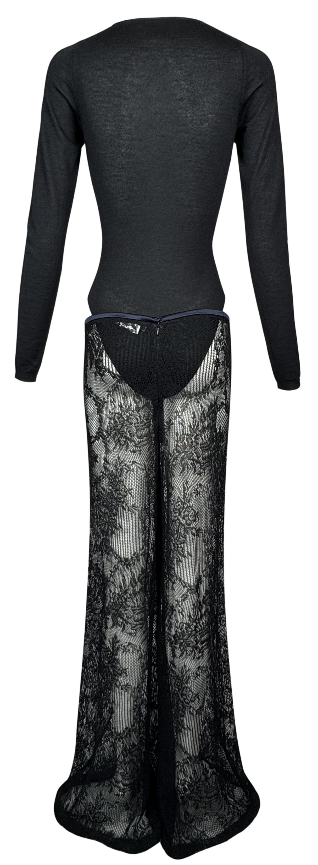 Vintage 1998 Christian Dior x John Galliano Sheer Black Scoop Neck Cashmere Bodysuit & Lace Wide Leg Knit Pants Set