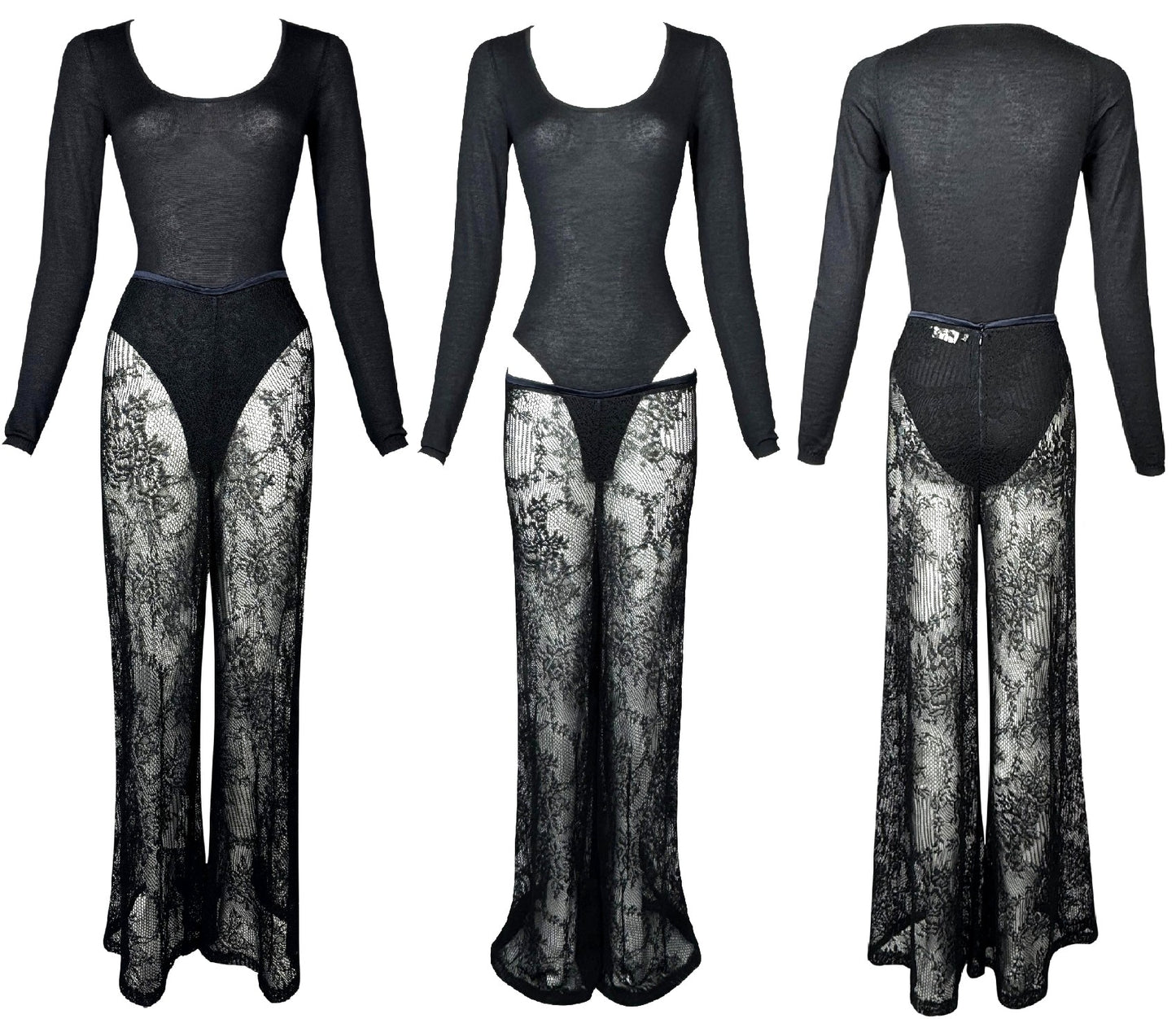 Vintage 1998 Christian Dior x John Galliano Sheer Black Scoop Neck Cashmere Bodysuit & Lace Wide Leg Knit Pants Set