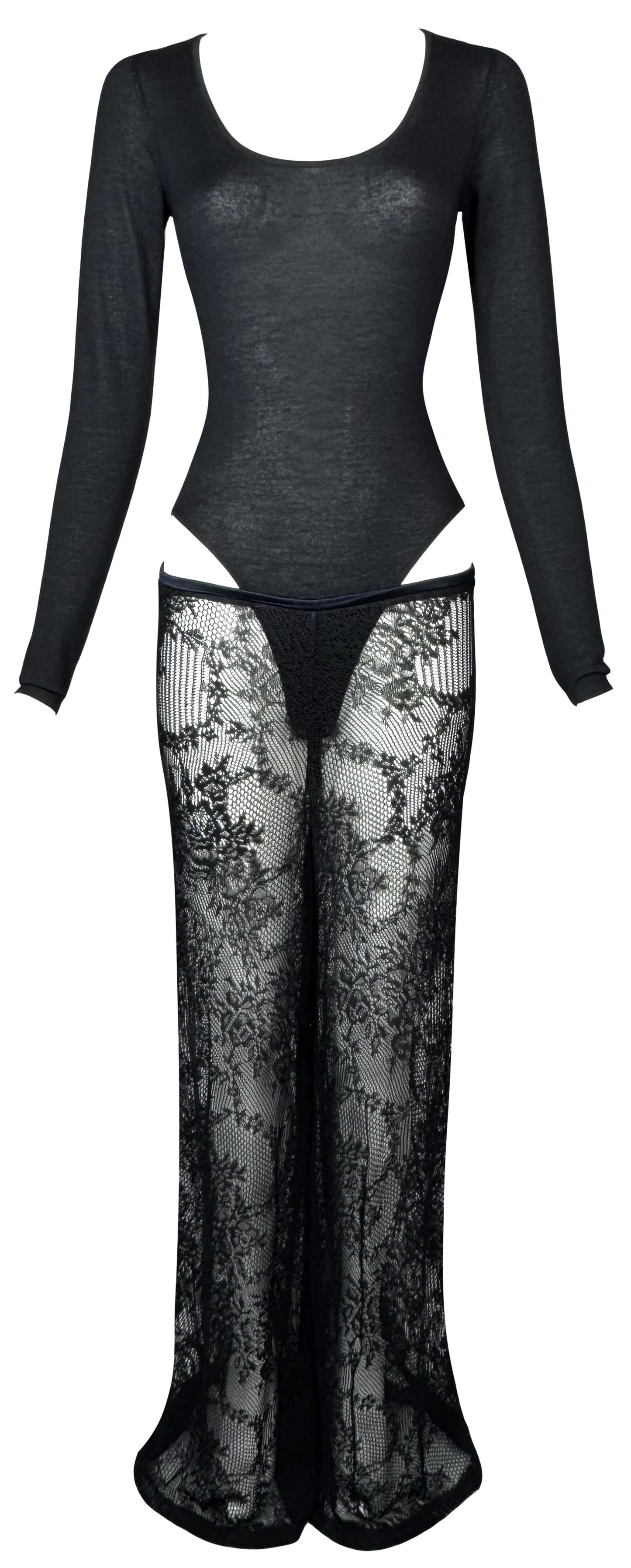 Vintage 1998 Christian Dior x John Galliano Sheer Black Scoop Neck Cashmere Bodysuit & Lace Wide Leg Knit Pants Set