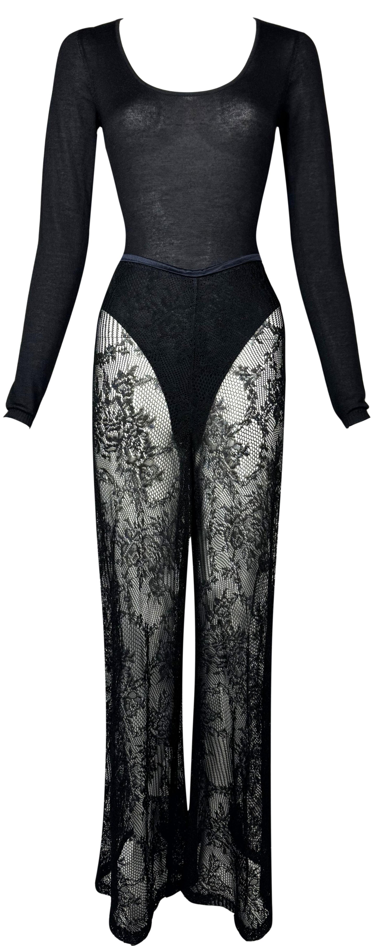 Vintage 1998 Christian Dior x John Galliano Sheer Black Scoop Neck Cashmere Bodysuit & Lace Wide Leg Knit Pants Set