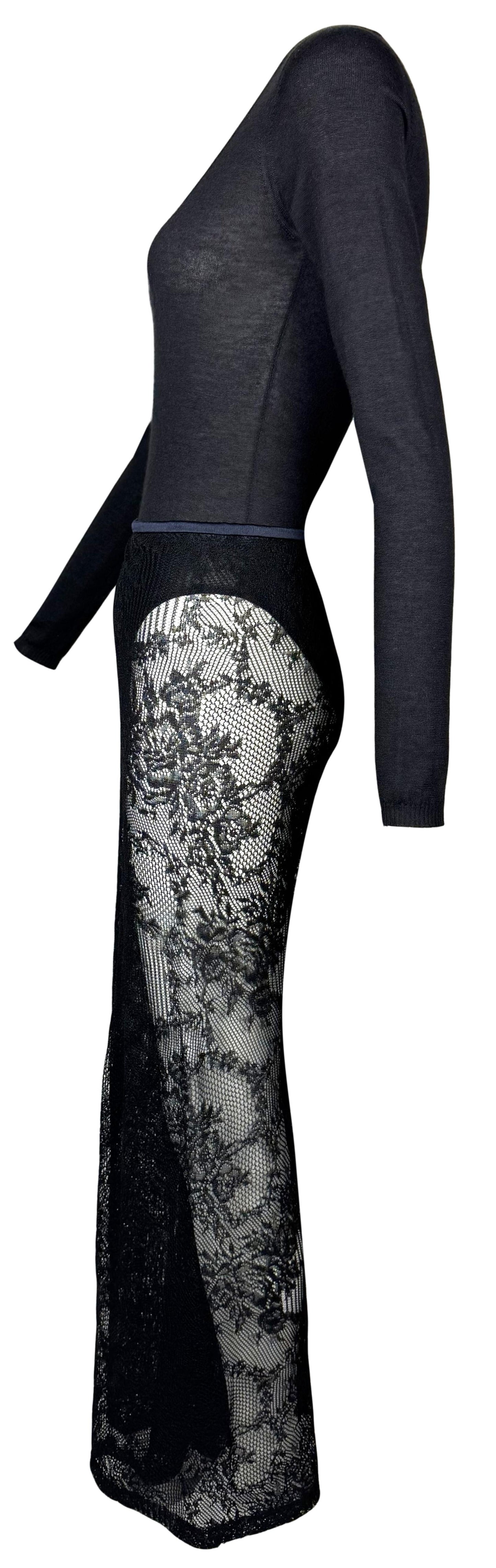 Vintage 1998 Christian Dior x John Galliano Sheer Black Scoop Neck Cashmere Bodysuit & Lace Wide Leg Knit Pants Set
