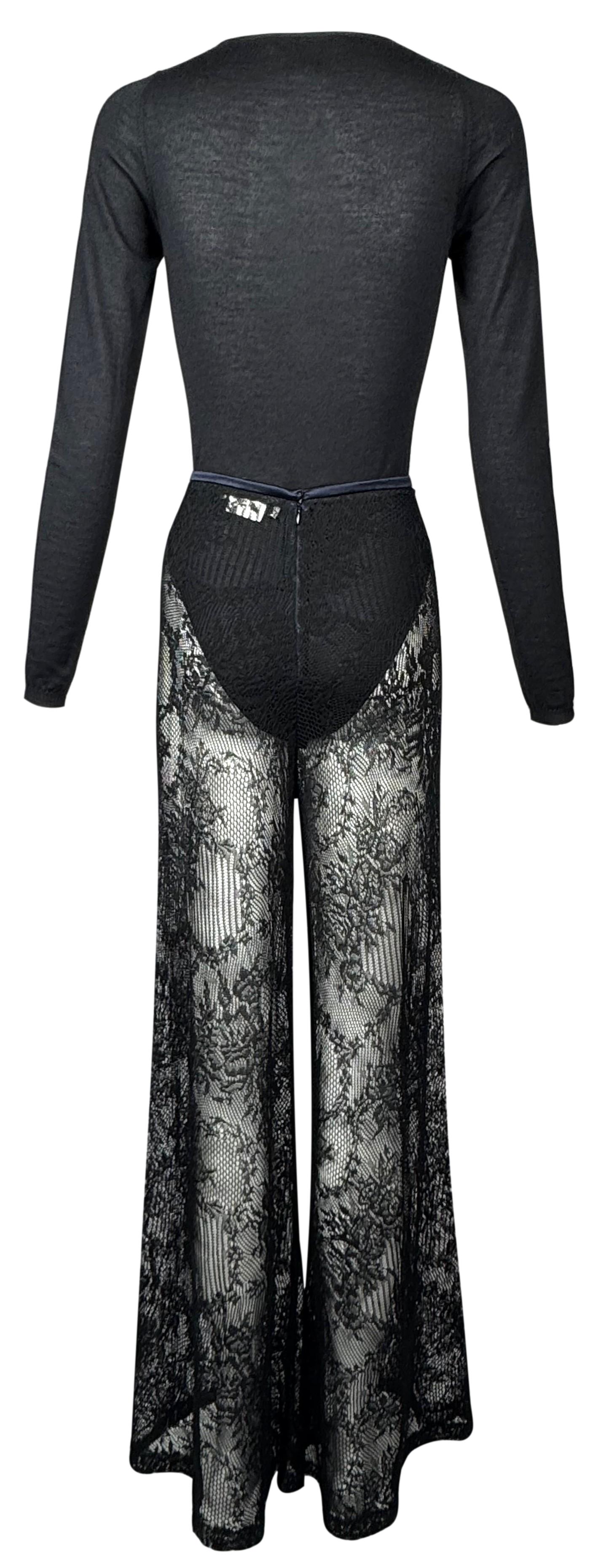 Vintage 1998 Christian Dior x John Galliano Sheer Black Scoop Neck Cashmere Bodysuit & Lace Wide Leg Knit Pants Set