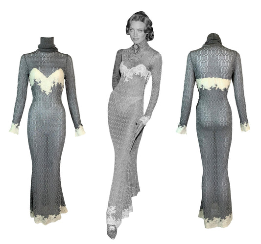 F/W 1998 Christian Dior by John Galliano Runway Silver Knit & Lace L/S Mermaid Maxi Dress
