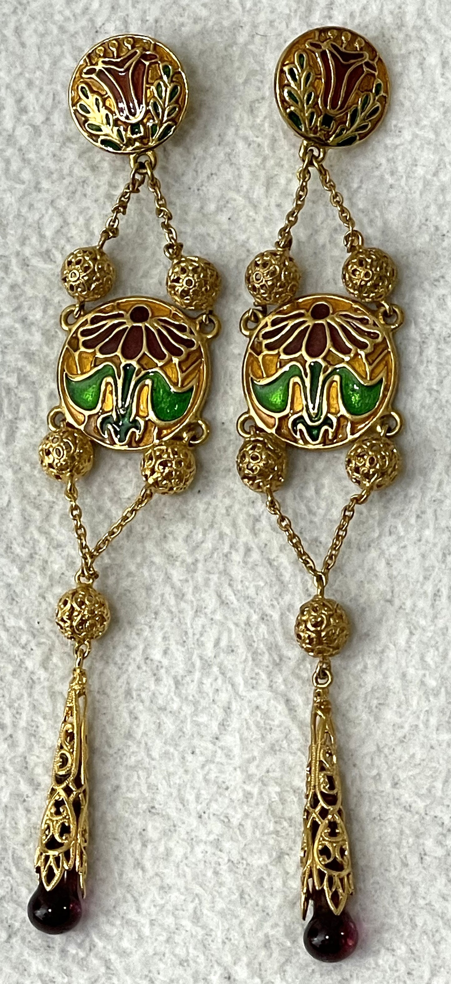 C. 1998 Christian Dior by John Galliano Haute Couture Long Gold Chinoiserie Art Deco 20's Style Earrings