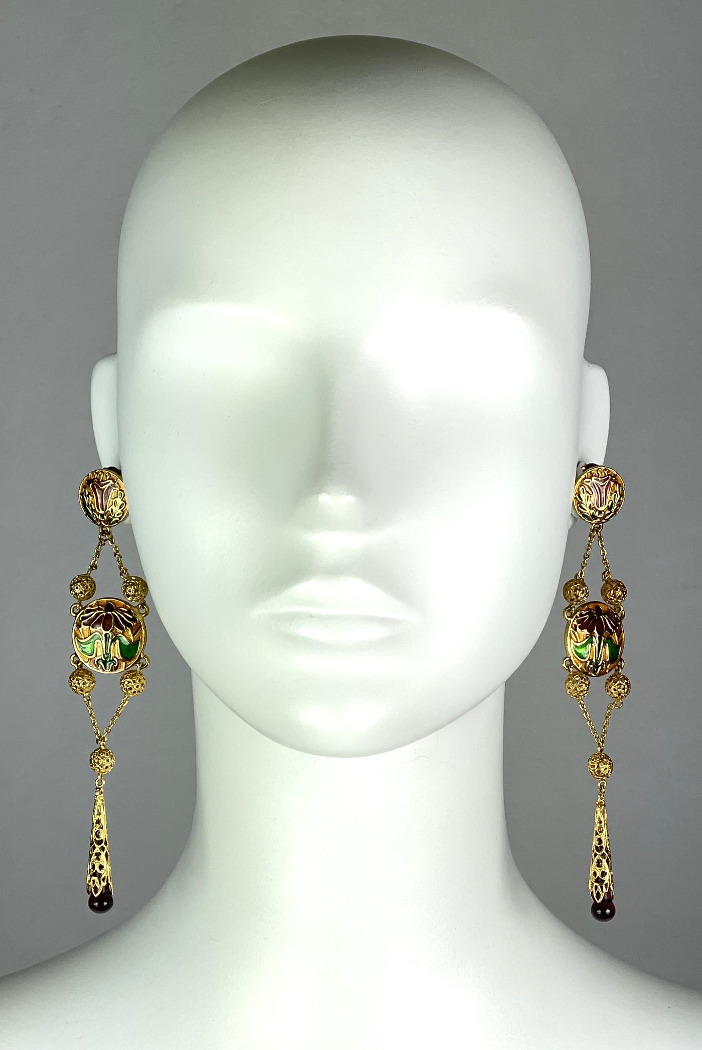 C. 1998 Christian Dior by John Galliano Haute Couture Long Gold Chinoiserie Art Deco 20's Style Earrings