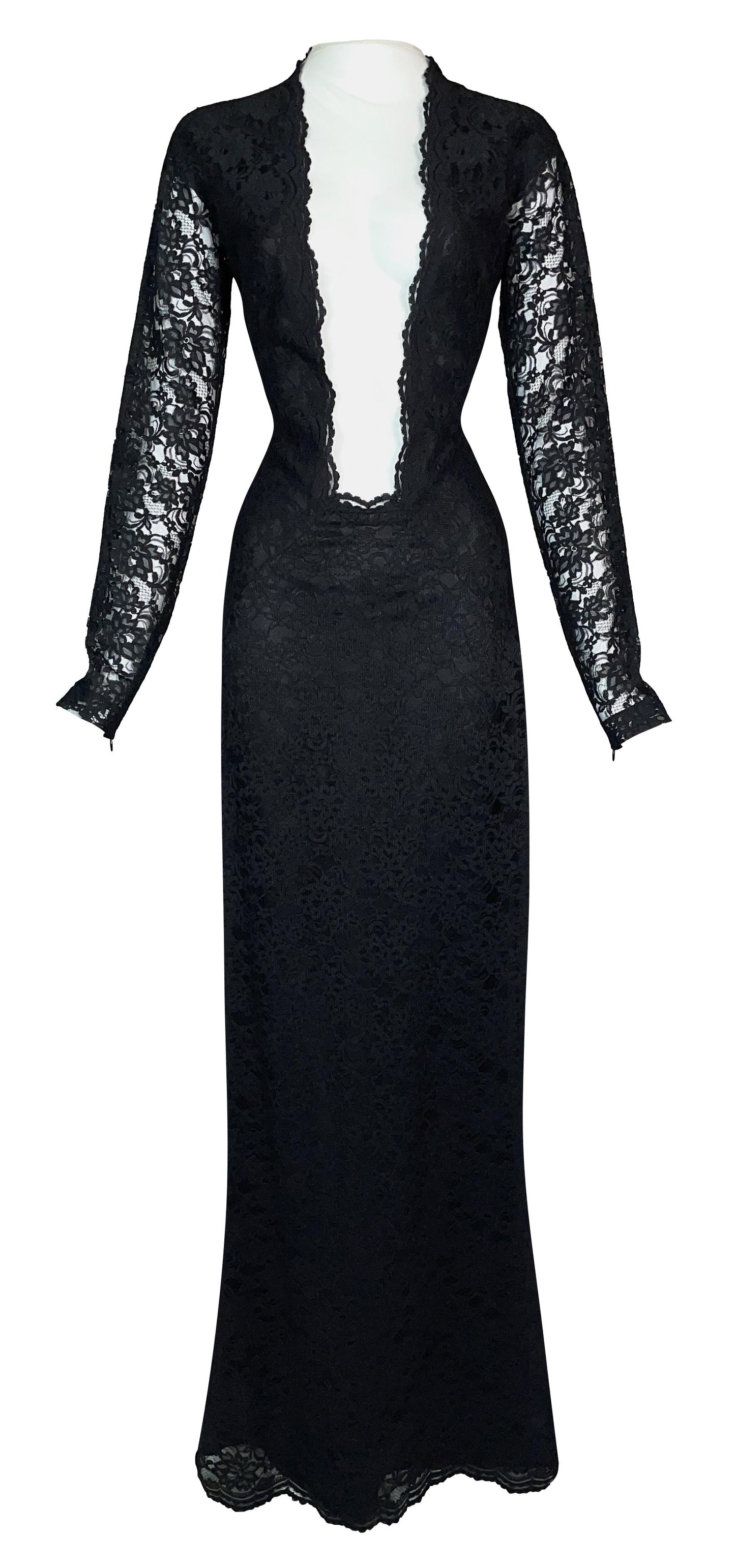 F/W 1998 Alexander McQueen "Joan" Collection Goth Queen Black Lace Plunging Mesh High Slit Gown Dress