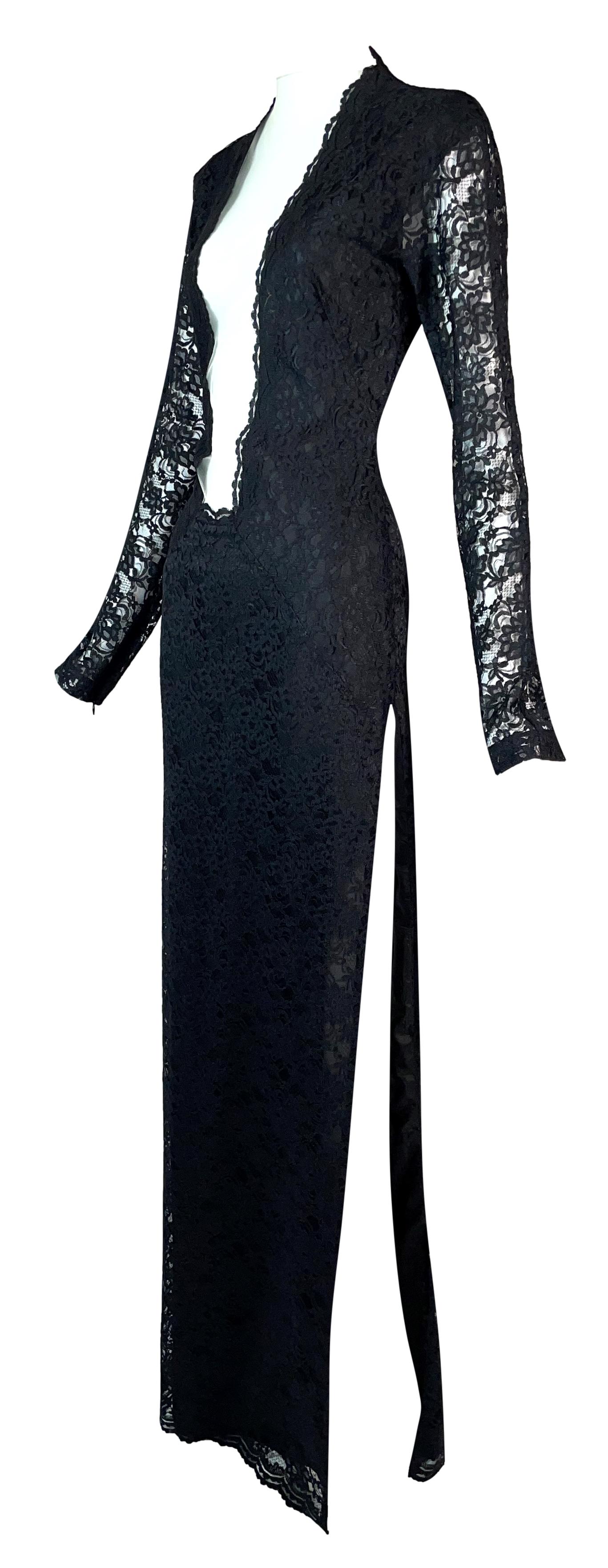 F/W 1998 Alexander McQueen "Joan" Collection Goth Queen Black Lace Plunging Mesh High Slit Gown Dress
