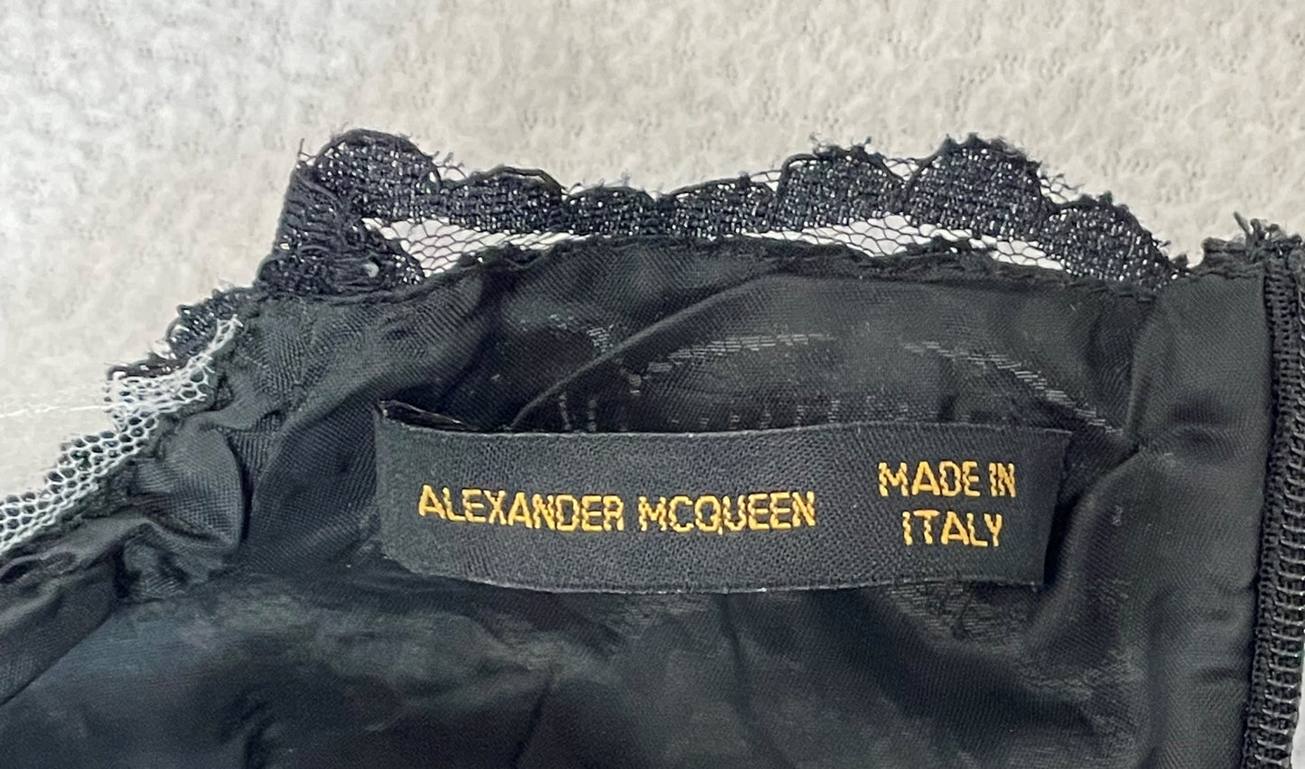 F/W 1998 Alexander McQueen "Joan" Collection Goth Queen Black Lace Plunging Mesh High Slit Gown Dress