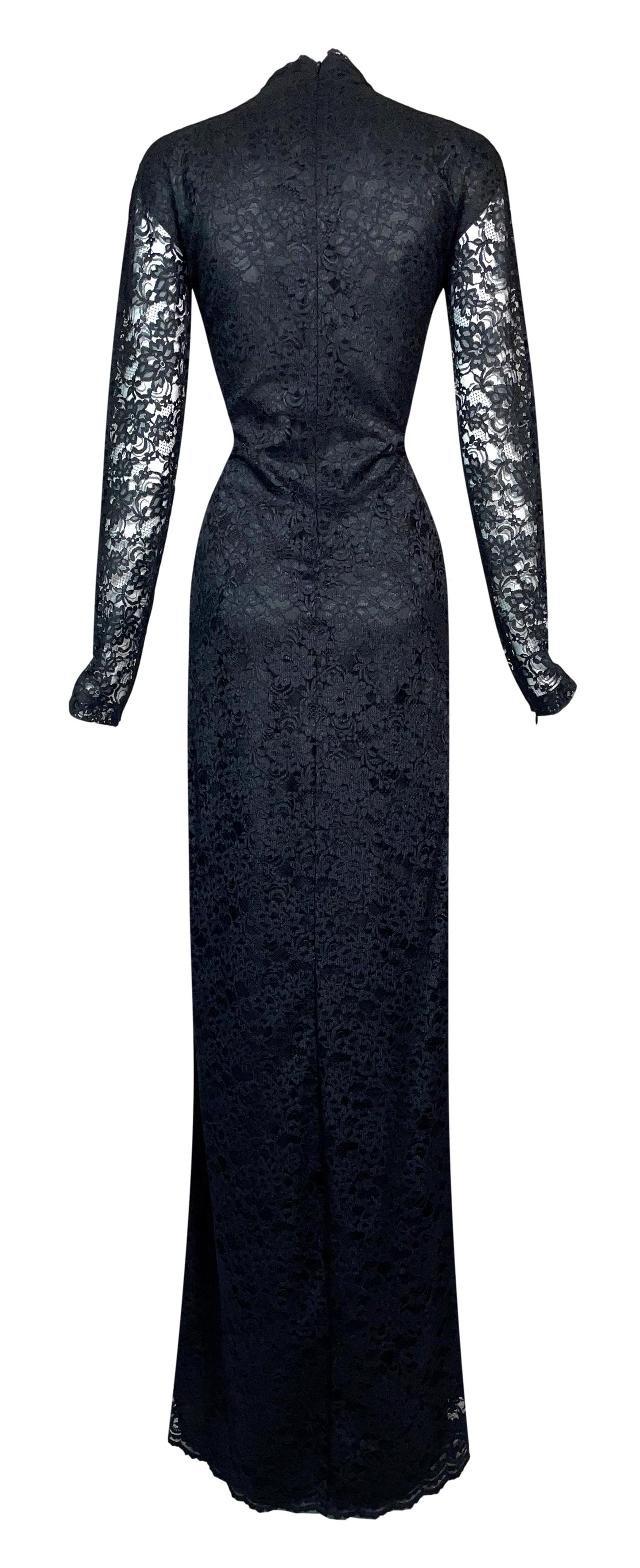 F/W 1998 Alexander McQueen "Joan" Collection Goth Queen Black Lace Plunging Mesh High Slit Gown Dress