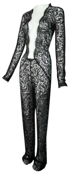 F/W 1998 Alexander McQueen Goth Queen Sheer Nude Mesh & Sheer Black Lace Plunging Jumpsuit