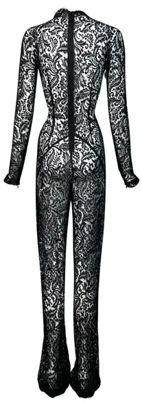 F/W 1998 Alexander McQueen Goth Queen Sheer Nude Mesh & Sheer Black Lace Plunging Jumpsuit