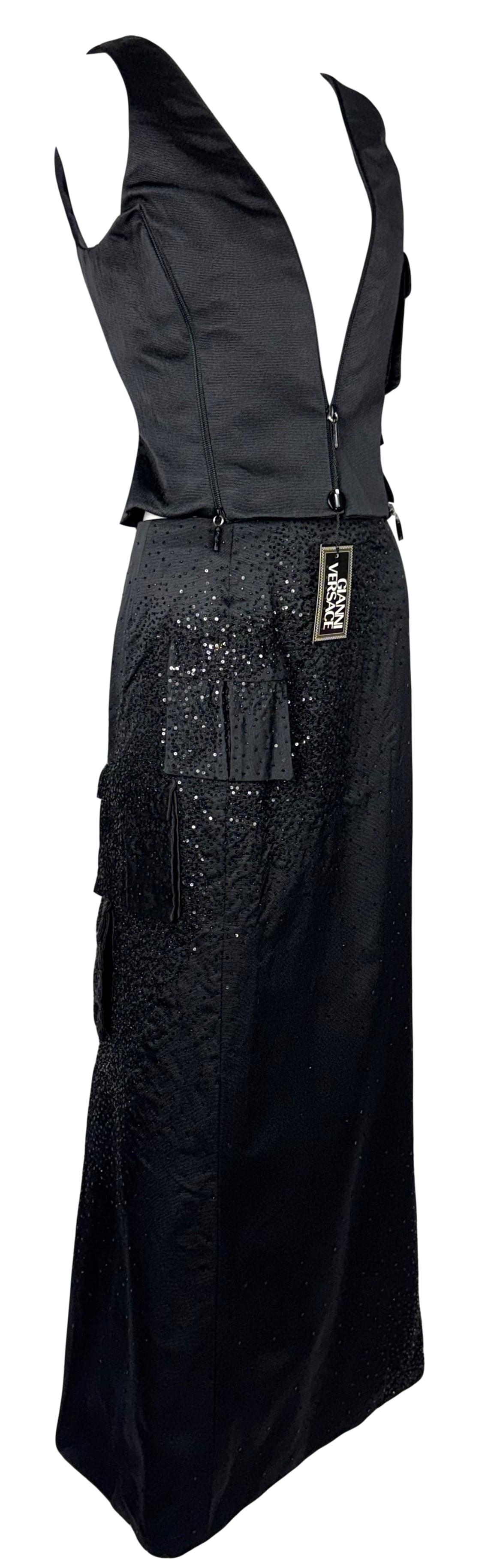 F/W 1998 Atelier Versace Couture Runway Black Beaded Silk Cargo Maxi Skirt & Plunging Zipper Top Set Dress