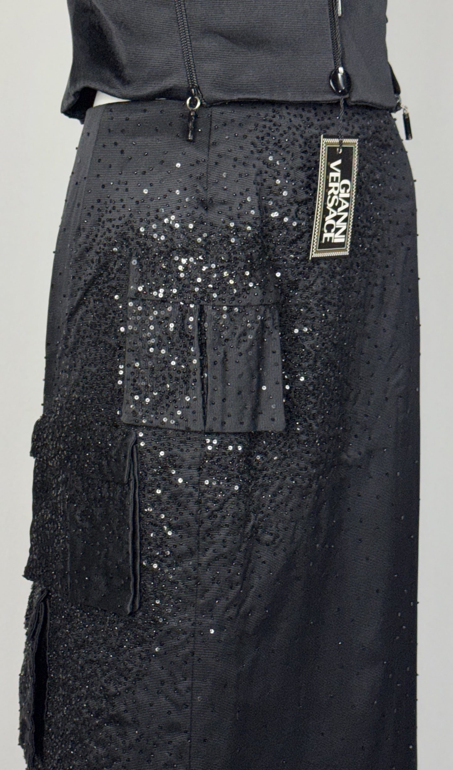 F/W 1998 Atelier Versace Couture Runway Black Beaded Silk Cargo Maxi Skirt & Plunging Zipper Top Set Dress