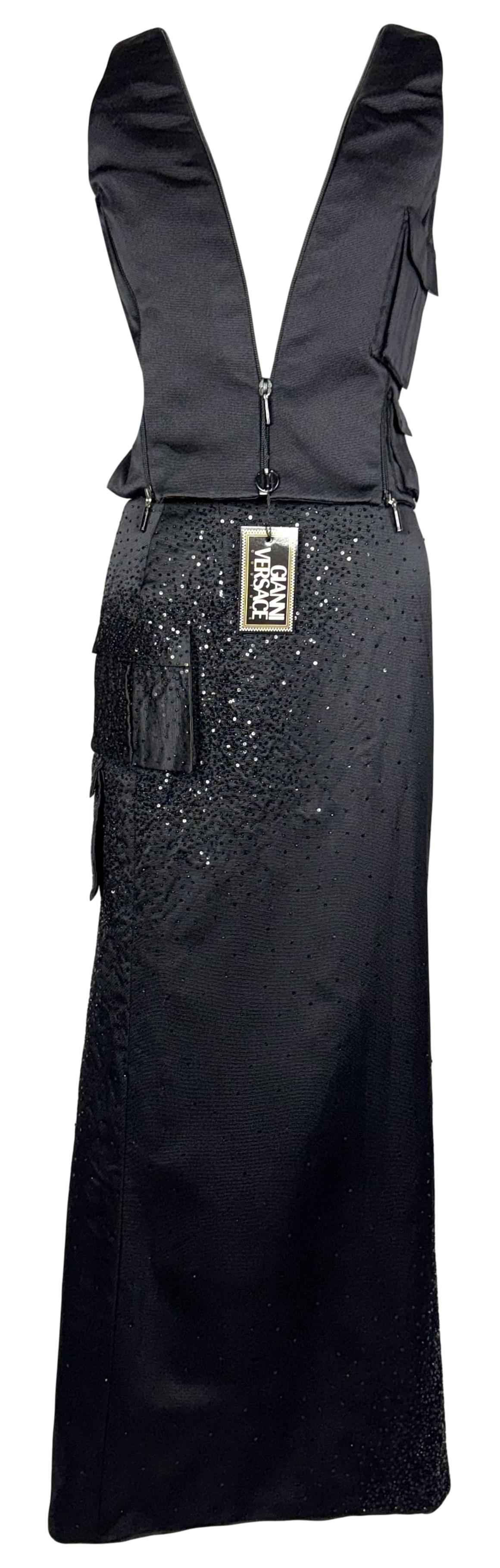 F/W 1998 Atelier Versace Couture Runway Black Beaded Silk Cargo Maxi Skirt & Plunging Zipper Top Set Dress
