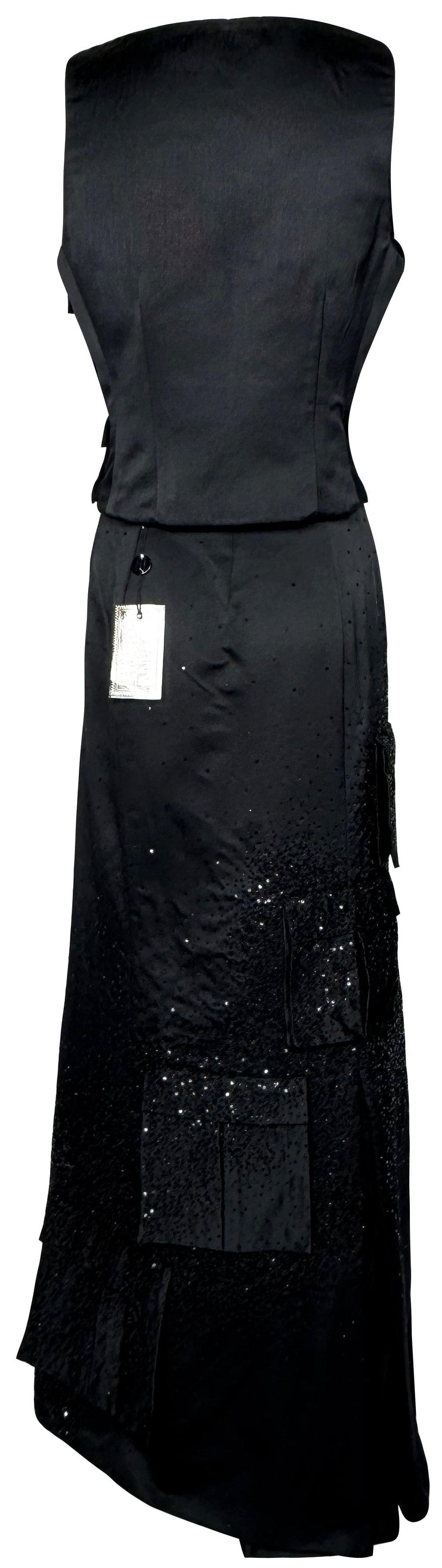F/W 1998 Atelier Versace Couture Runway Black Beaded Silk Cargo Maxi Skirt & Plunging Zipper Top Set Dress