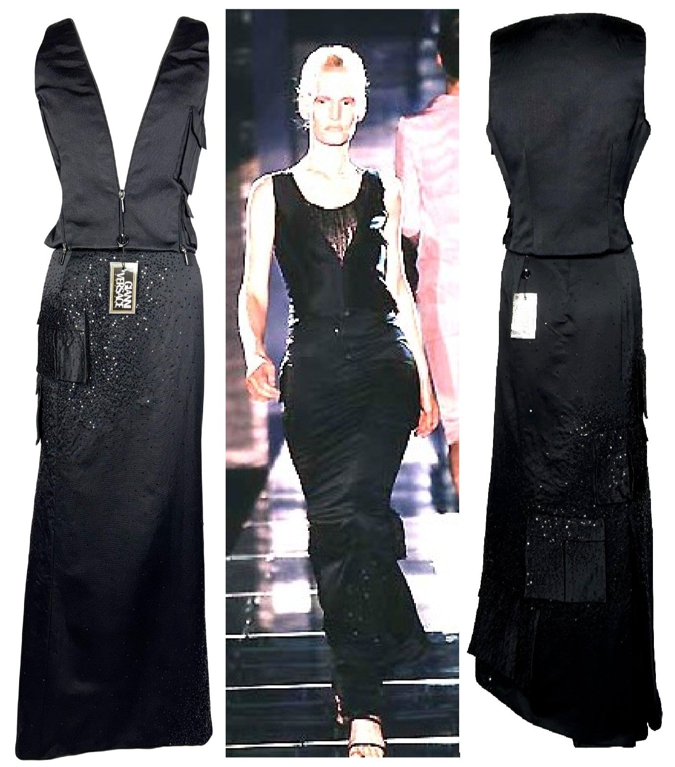 F/W 1998 Atelier Versace Couture Runway Black Beaded Silk Cargo Maxi Skirt & Plunging Zipper Top Set Dress