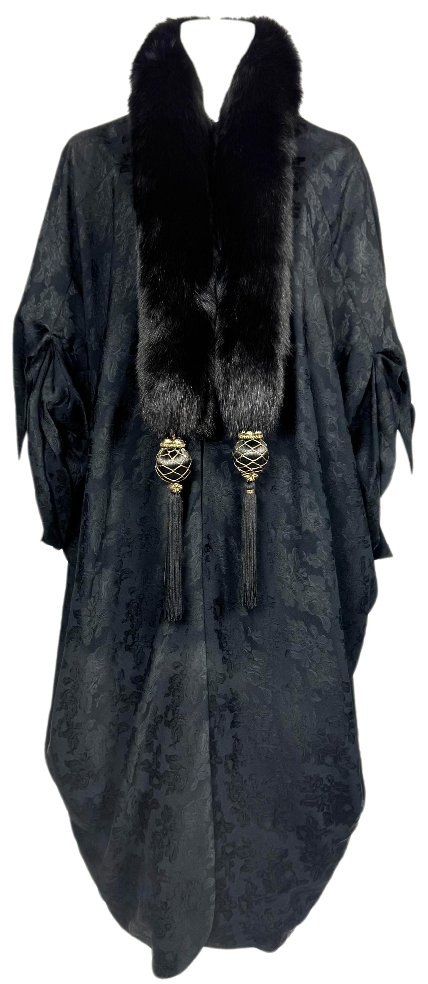 F/W 1998 Christian Dior x John Galliano Black Brocade 1920's Flapper Style Cocoon Opera Coat w Fox Fur Metal & Fringe Tassels