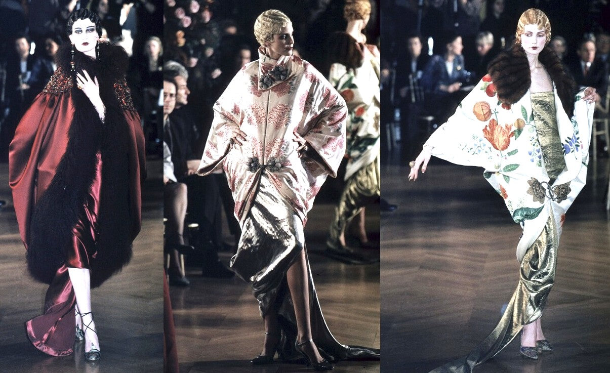 F/W 1998 Christian Dior x John Galliano Black Brocade 1920's Flapper Style Cocoon Opera Coat w Fox Fur Metal & Fringe Tassels