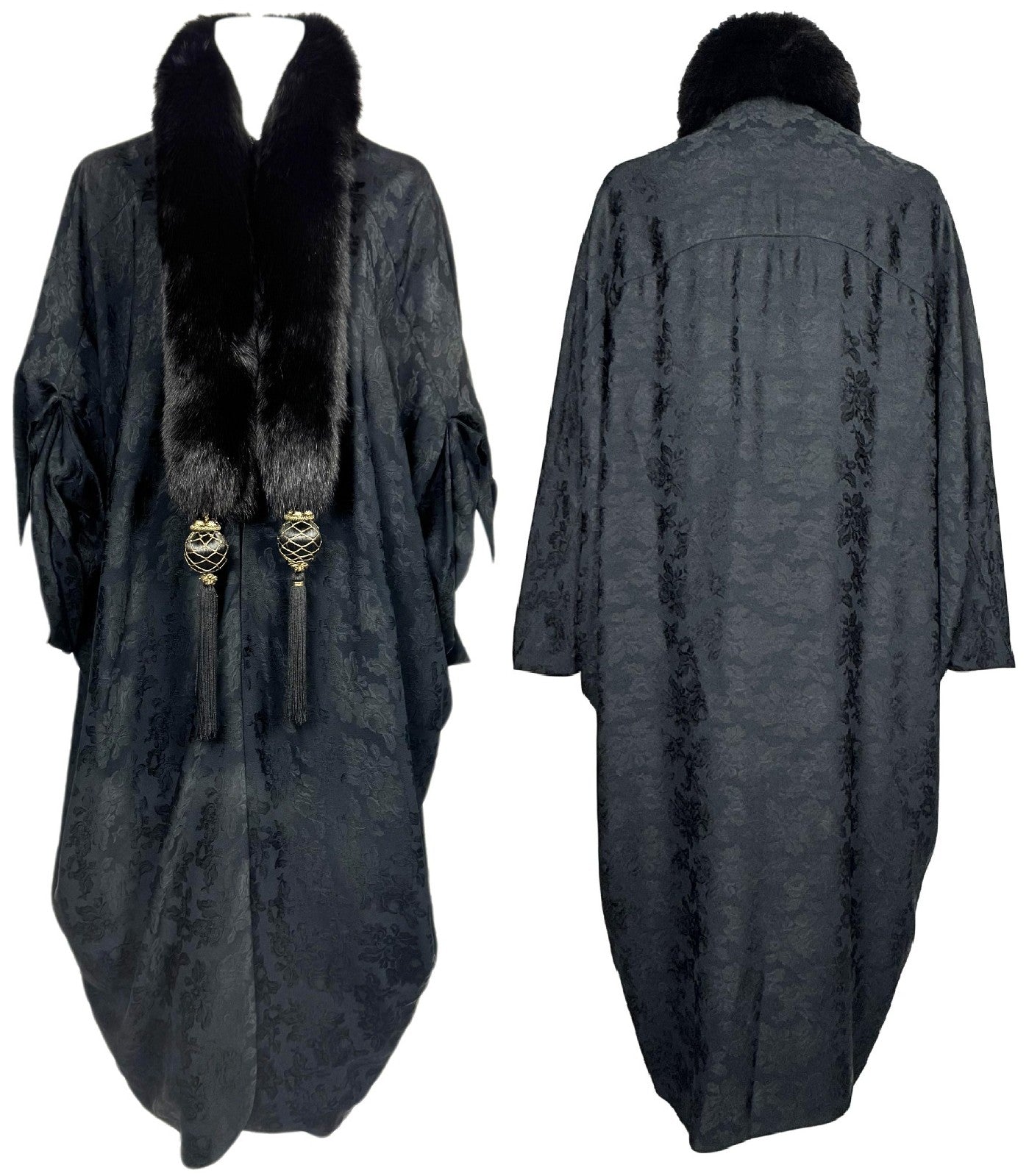 F/W 1998 Christian Dior x John Galliano Black Brocade 1920's Flapper Style Cocoon Opera Coat w Fox Fur Metal & Fringe Tassels