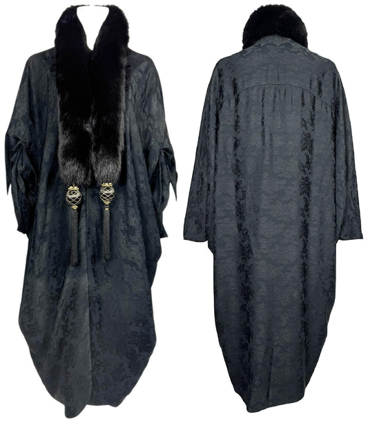 F/W 1998 Christian Dior x John Galliano Black Brocade 1920's Flapper Style Cocoon Opera Coat w Fox Fur Metal & Fringe Tassels