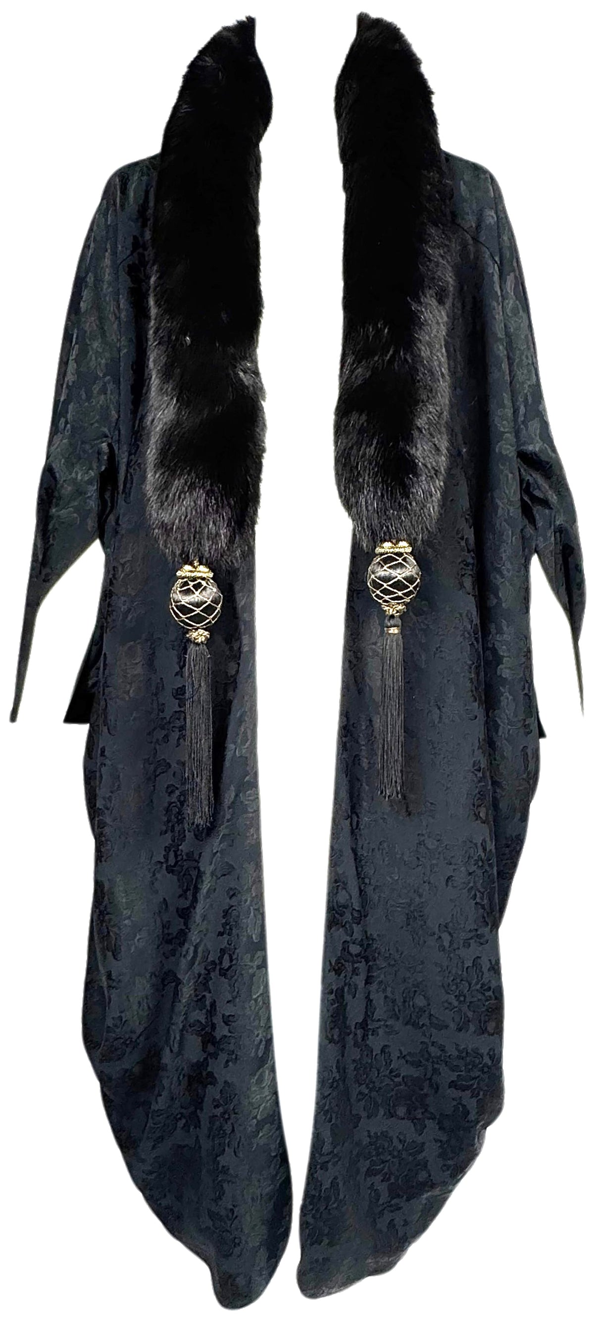F/W 1998 Christian Dior x John Galliano Black Brocade 1920's Flapper Style Cocoon Opera Coat w Fox Fur Metal & Fringe Tassels