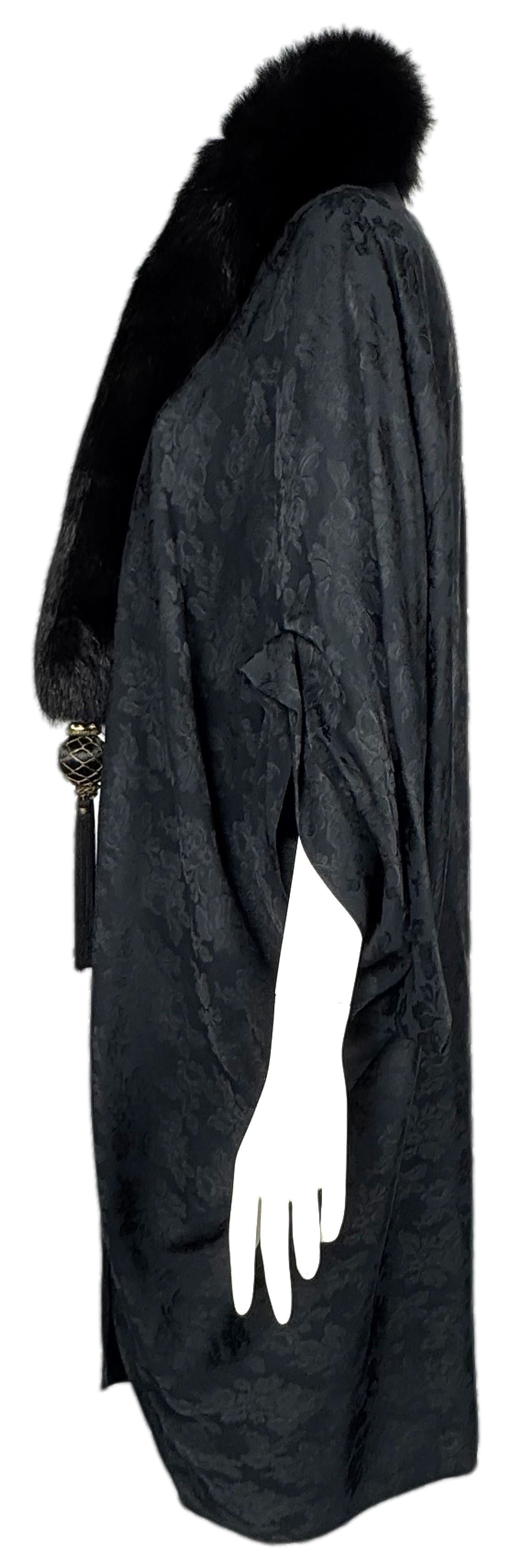 F/W 1998 Christian Dior x John Galliano Black Brocade 1920's Flapper Style Cocoon Opera Coat w Fox Fur Metal & Fringe Tassels