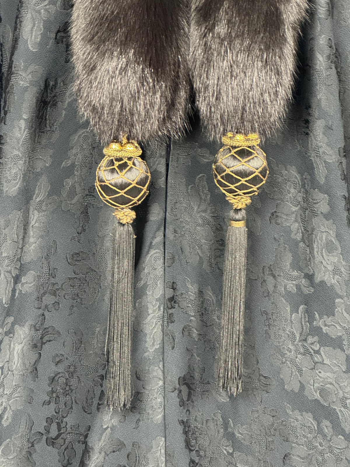 F/W 1998 Christian Dior x John Galliano Black Brocade 1920's Flapper Style Cocoon Opera Coat w Fox Fur Metal & Fringe Tassels