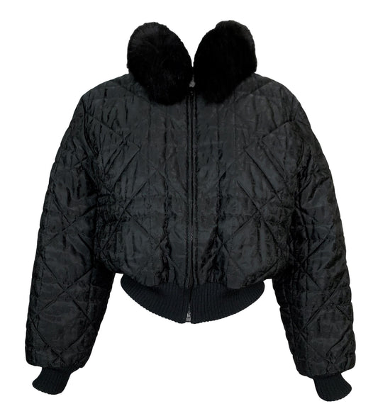 F/W 1998 Christian Dior x John Galliano Black Logo Monogram Trotter Puffer Jacket w Fox Fur M