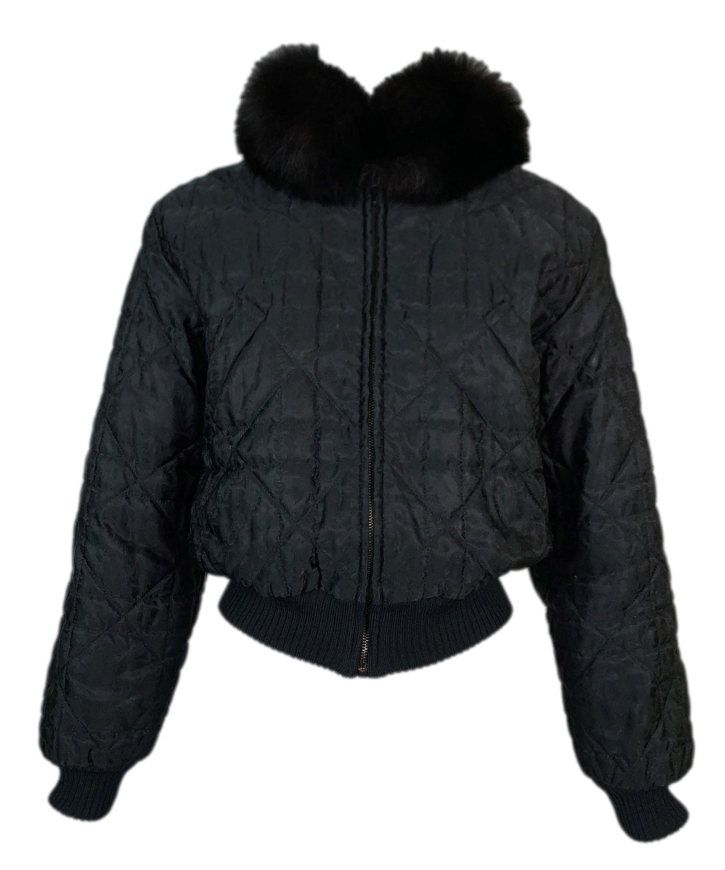 F/W 1998 Christian Dior by John Galliano Black Logo Monogram Fitted Puffer Coat Jacket w Fox Fur Collar