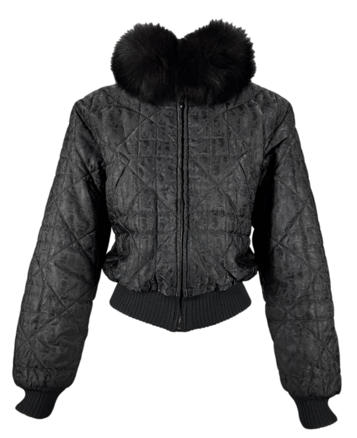 F/W 1998 Christian Dior x John Galliano Black Logo Monogram Cropped Puffer Jacket w Fox Fur S