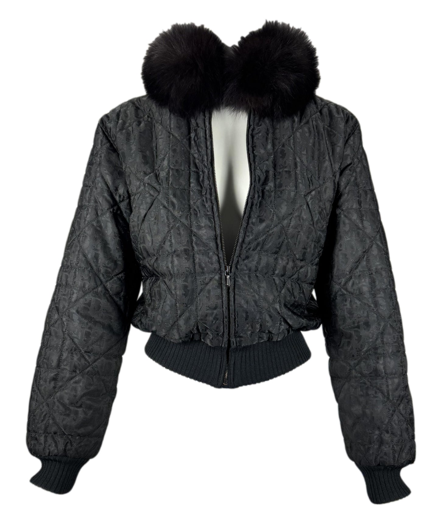 F/W 1998 Christian Dior x John Galliano Black Logo Monogram Cropped Puffer Jacket w Fox Fur S