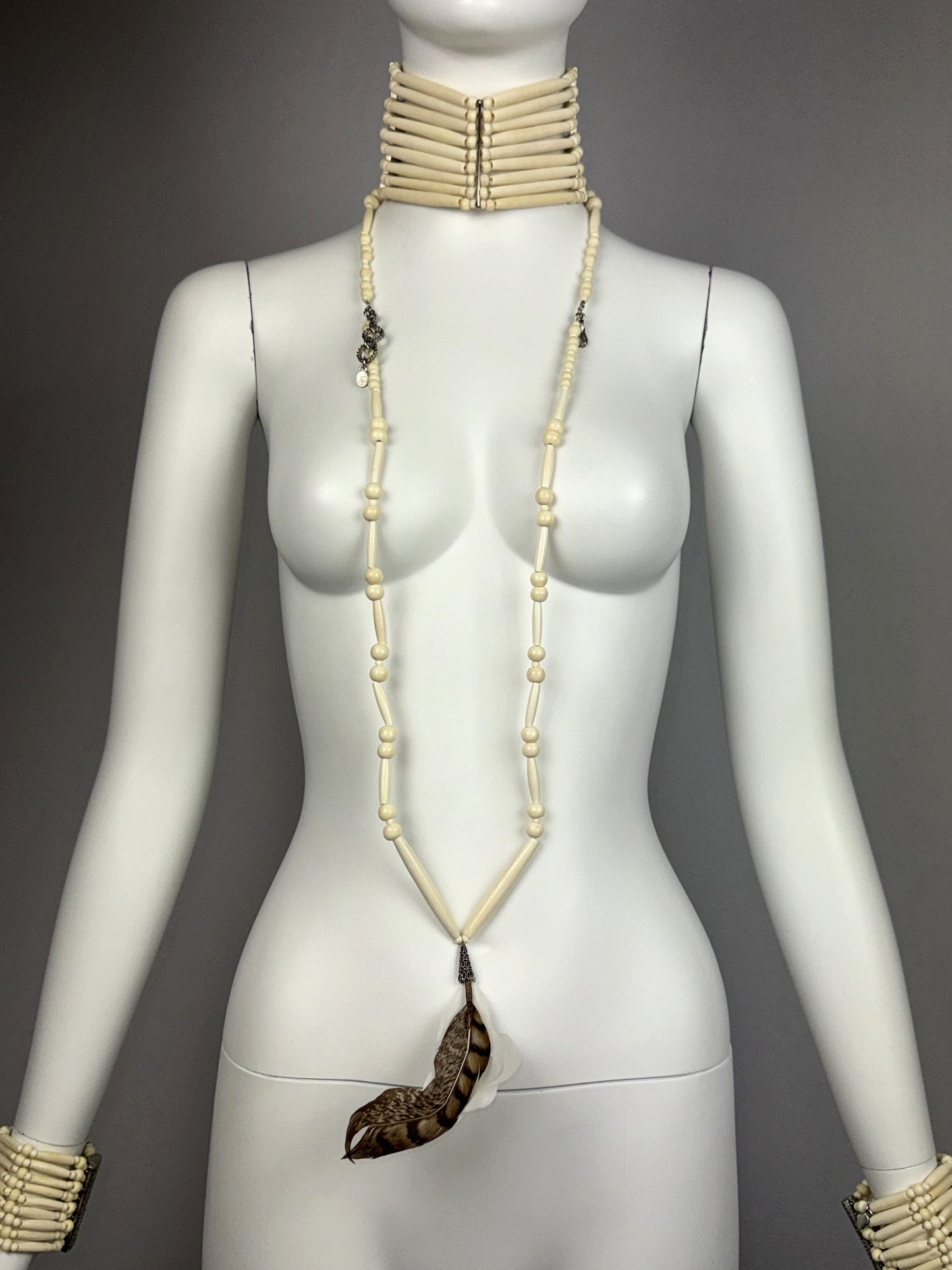 1998 Christian Dior by John Galliano Large Native American Bone Beaded Choker Feather Necklace & 2 Cuff Bracelets