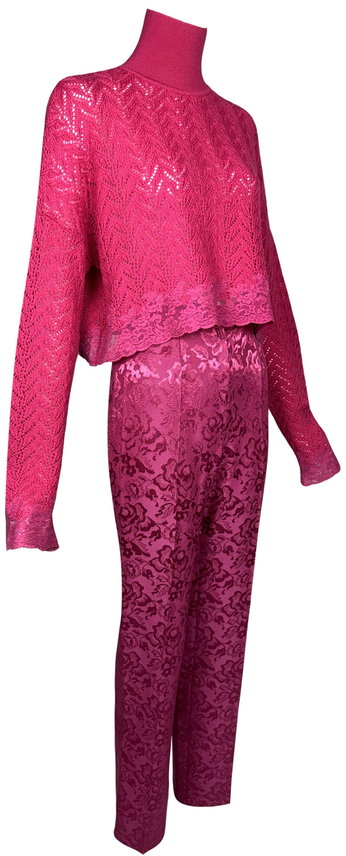 F/W 1998 Christian Dior x John Galliano Pink Knit Cropped Lace Trim Sweater & High Rise Pin-Up Brocade Classic Pencil Pants Set