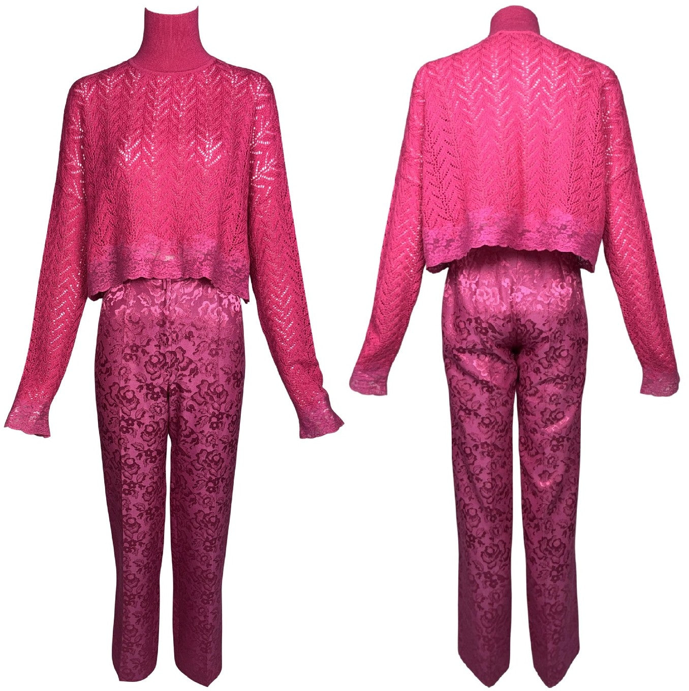 F/W 1998 Christian Dior x John Galliano Pink Knit Cropped Lace Trim Sweater & High Rise Pin-Up Brocade Classic Pencil Pants Set