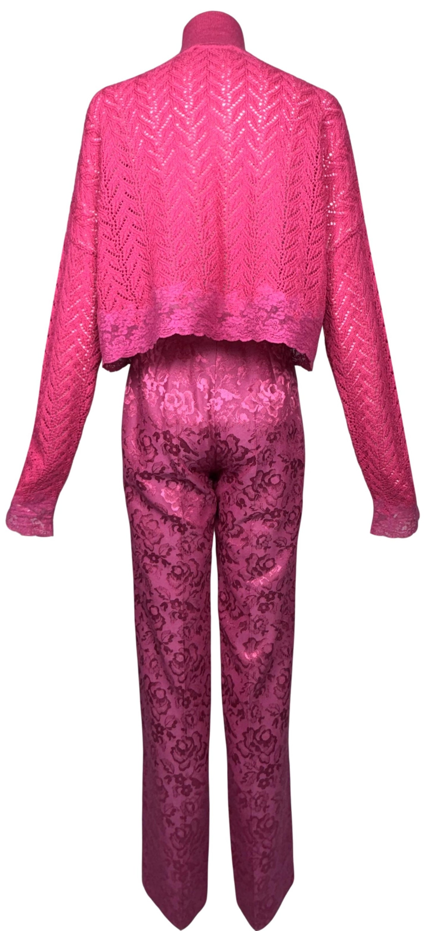 F/W 1998 Christian Dior x John Galliano Pink Knit Cropped Lace Trim Sweater & High Rise Pin-Up Brocade Classic Pencil Pants Set